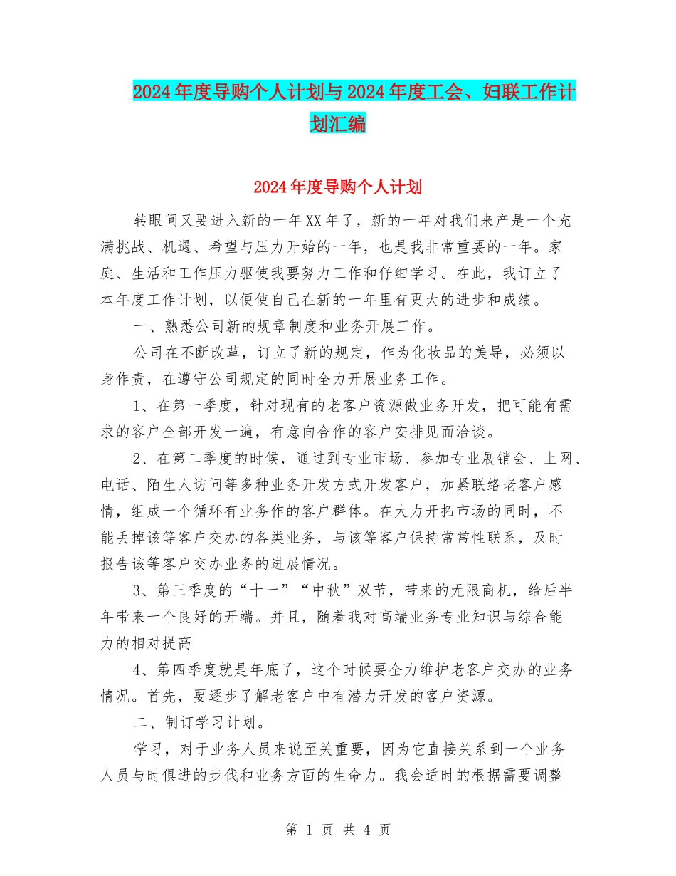 2024年度导购个人计划与2024年度工会、妇联工作计划汇编_第1页