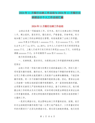 2024年11月银行出纳工作总结与2024年11月银行出纳部会计个人工作总结汇编