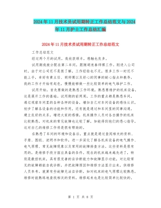 2024年11月技术员试用期转正工作总结范文与2024年11月护士工作总结汇编
