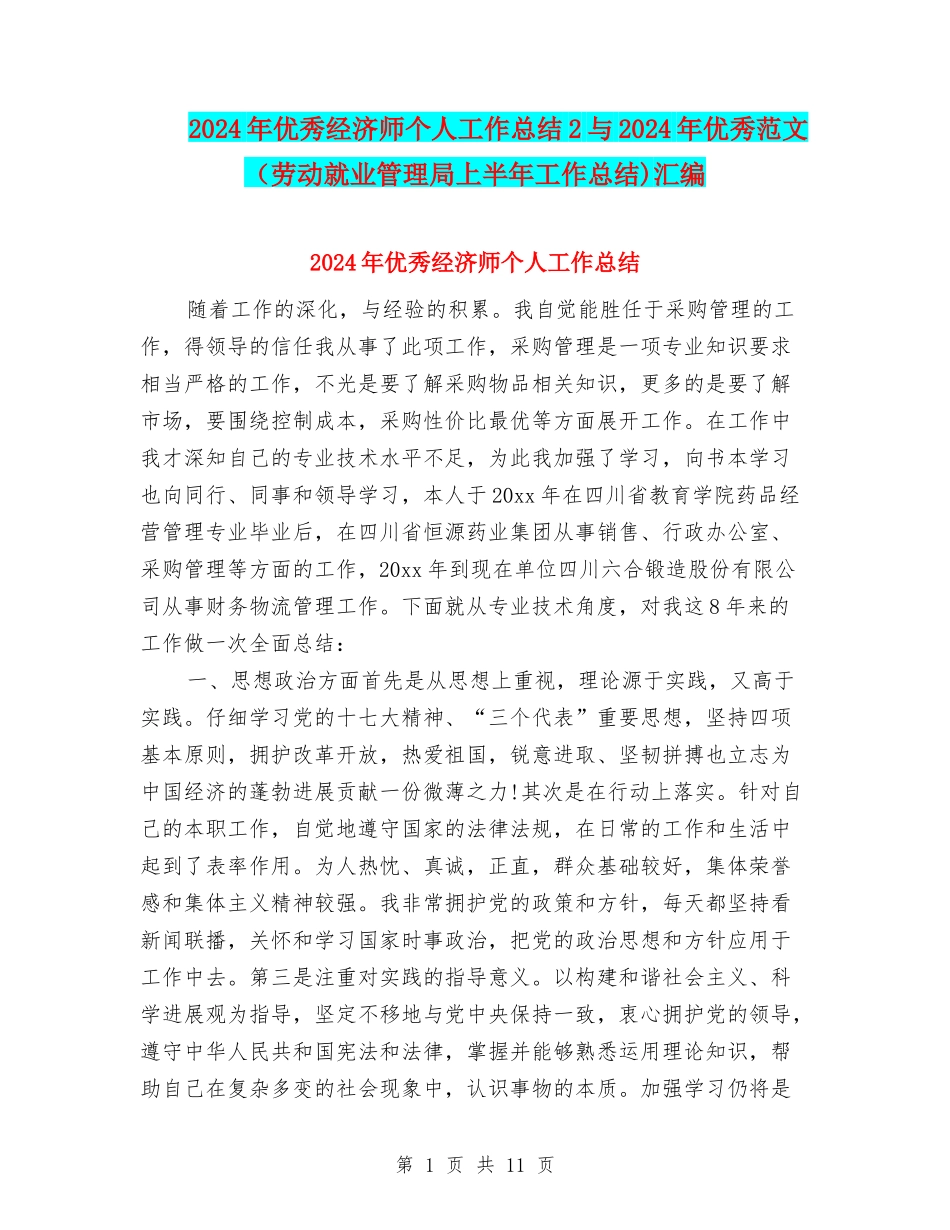 2024年优秀经济师个人工作总结2与2024年优秀范文汇编_第1页