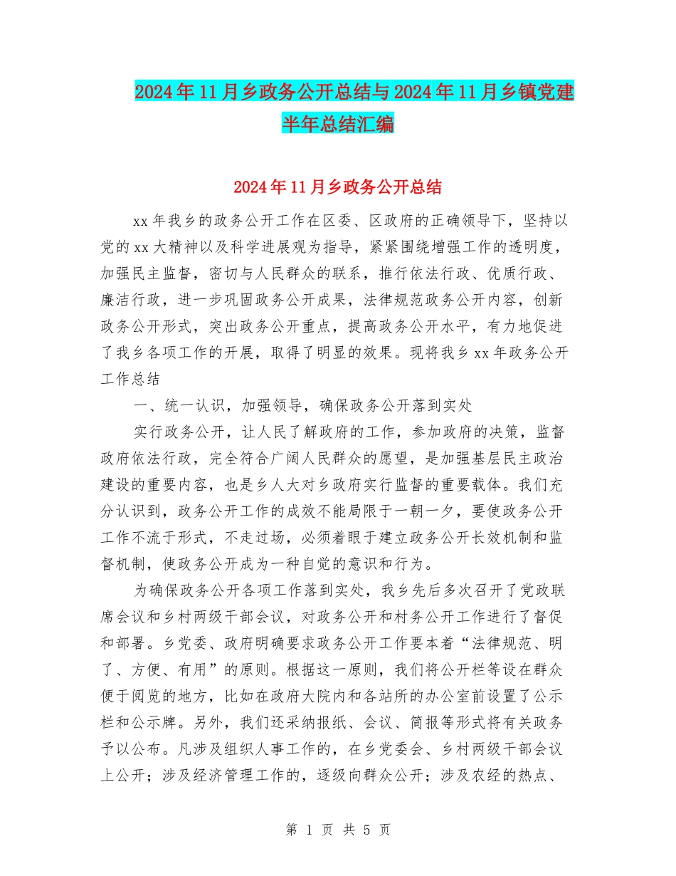 2024年11月乡政务公开总结与2024年11月乡镇党建半年总结汇编_第1页