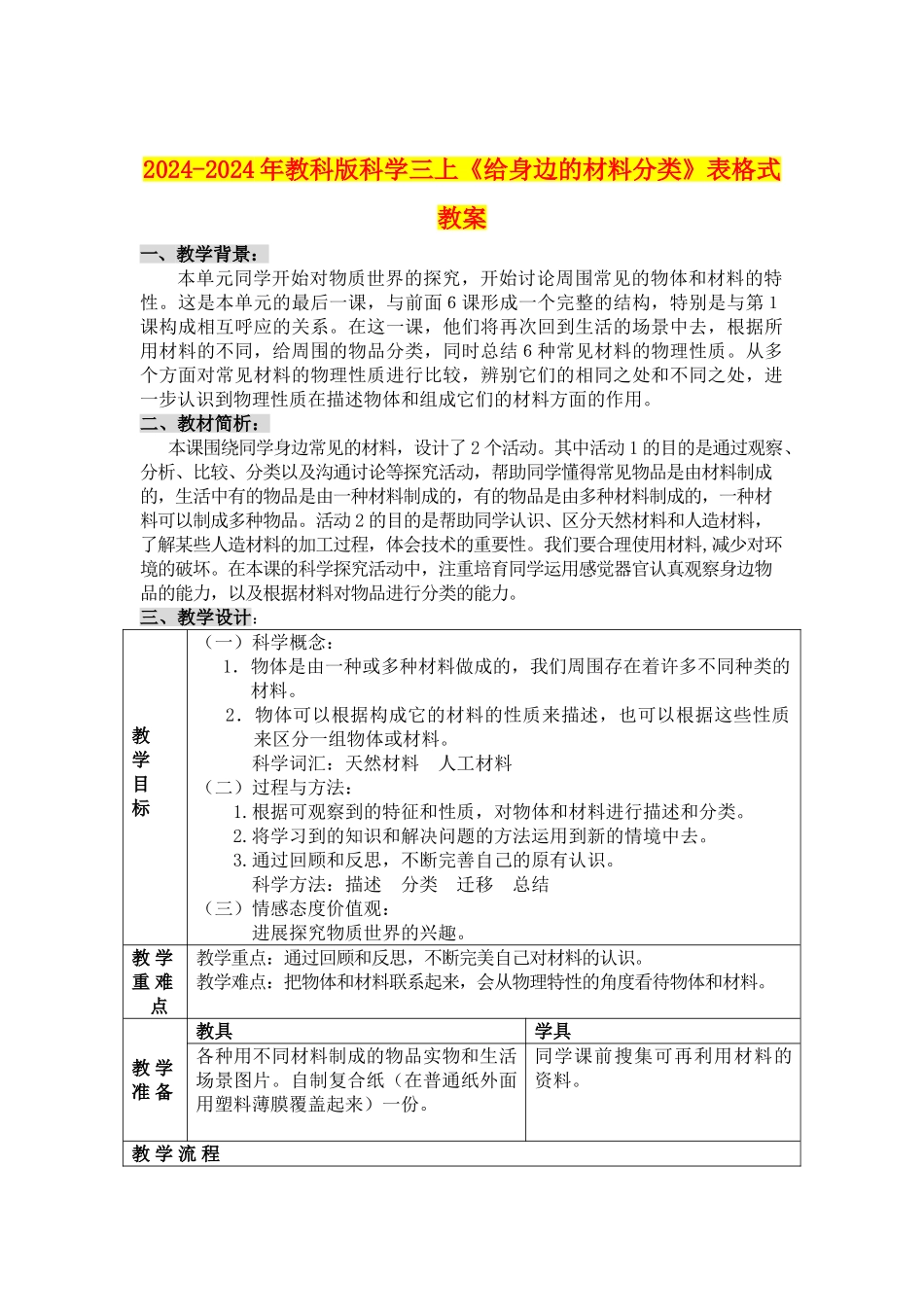 2024-2024年教科版科学三上《给身边的材料分类》表格式教案_第1页