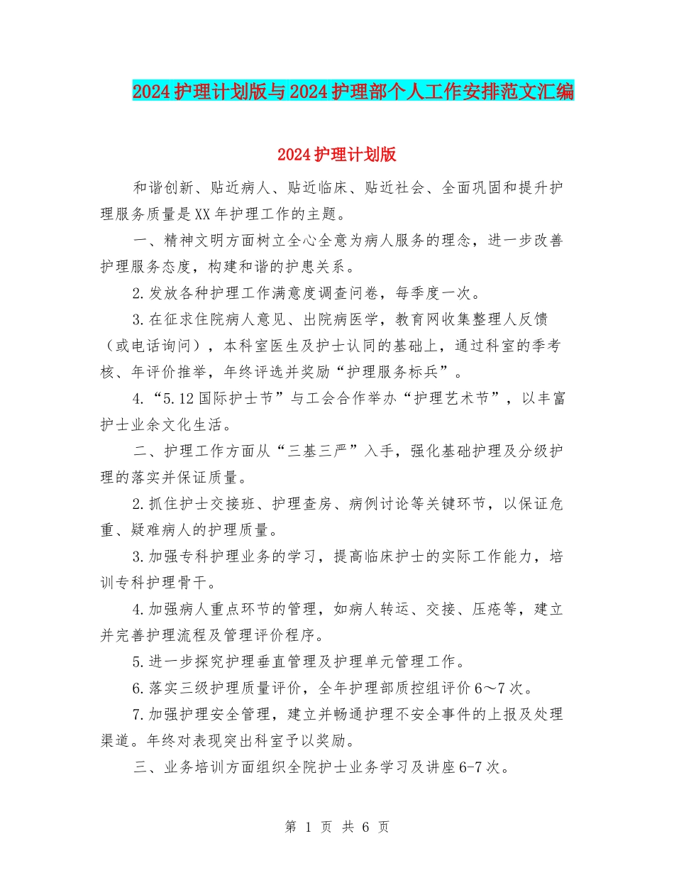 2024护理计划版与2024护理部个人工作安排范文汇编_第1页