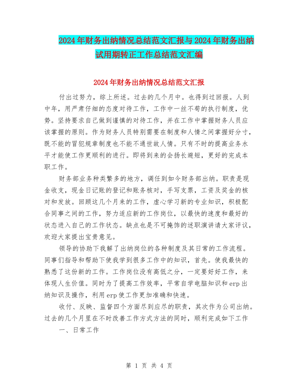 2024年财务出纳情况总结范文汇报与2024年财务出纳试用期转正工作总结范文汇编_第1页