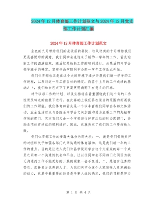 2024年12月体育部工作计划范文与2024年12月党支部工作计划汇编