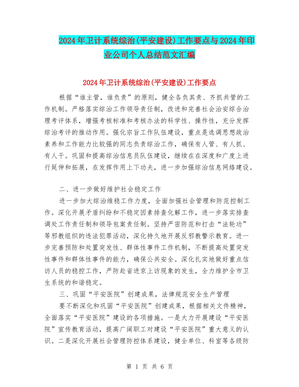 2024年卫计系统综治工作要点与2024年印业公司个人总结范文汇编_第1页