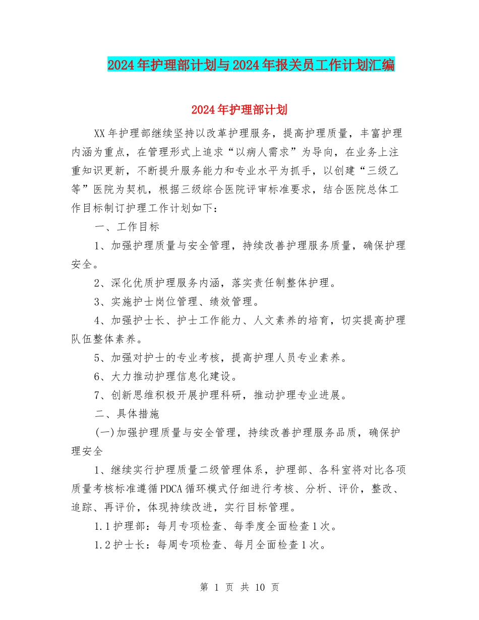 2024年护理部计划与2024年报关员工作计划汇编_第1页