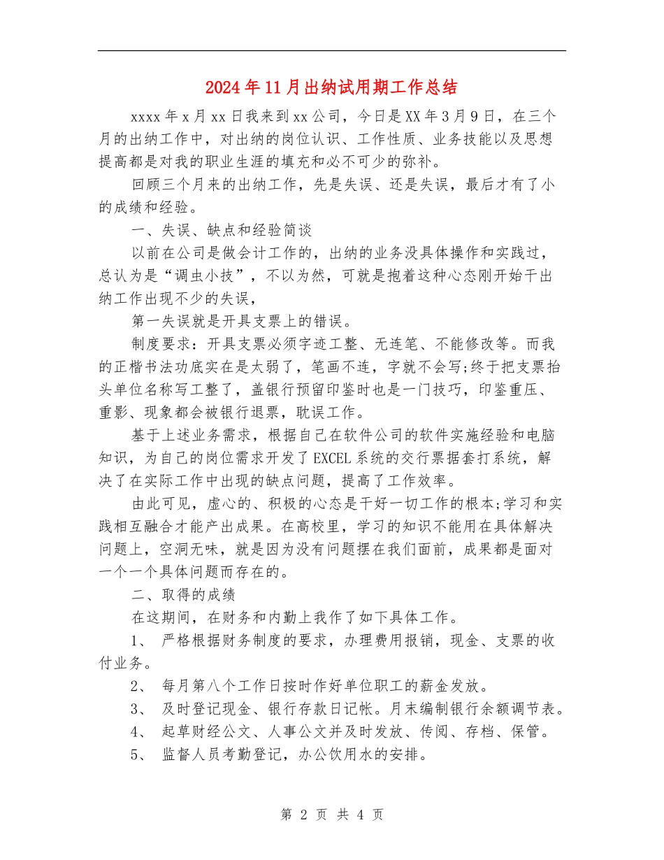 2024年11月出纳试用期工作总结_第2页