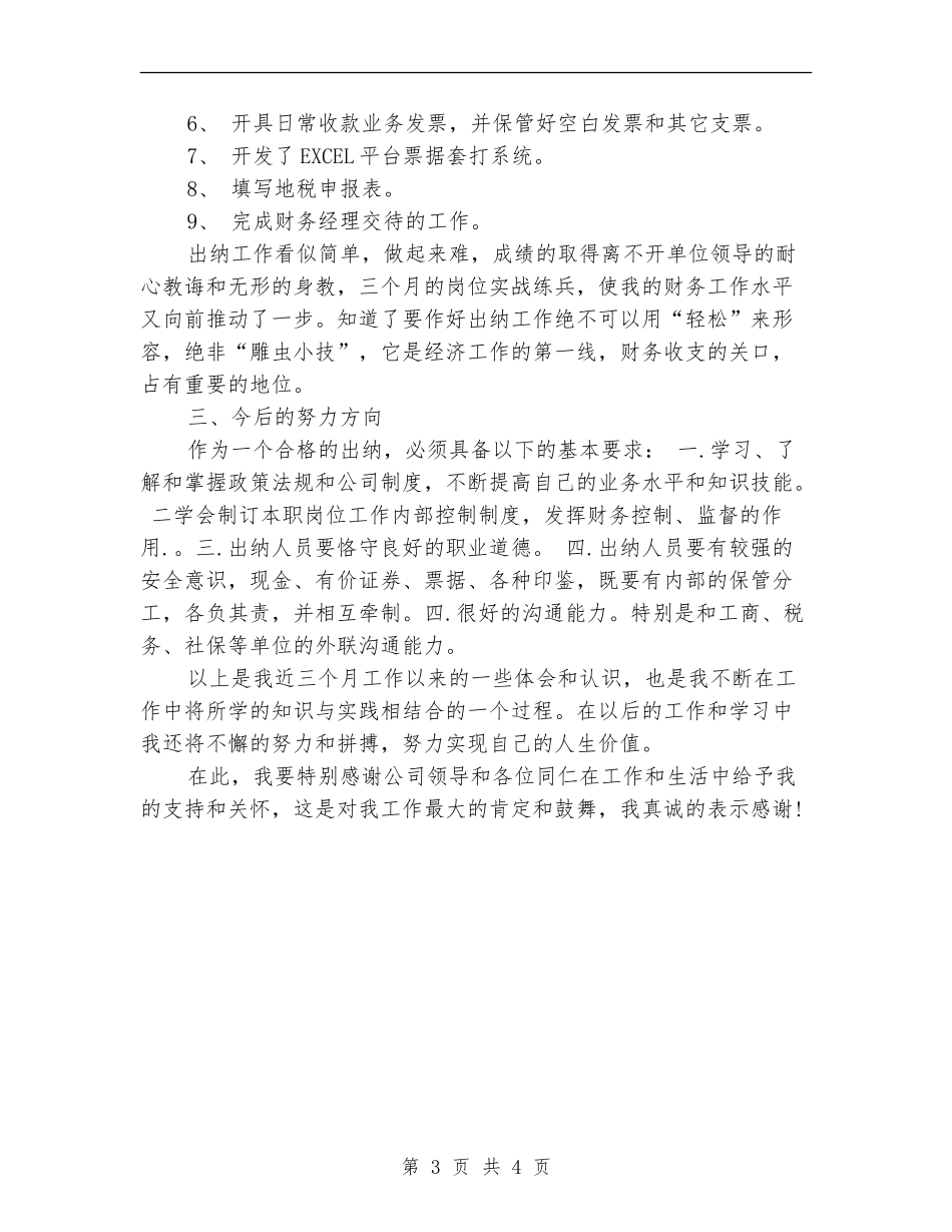 2024年11月出纳试用期工作总结_第3页