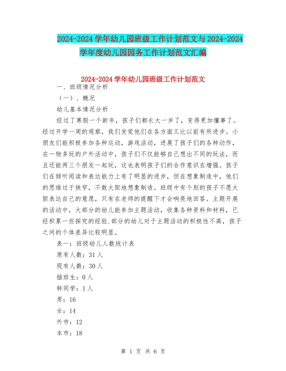 2024-2024学年幼儿园班级工作计划范文与2024-2024学年度幼儿园园务工作计划范文汇编_第1页