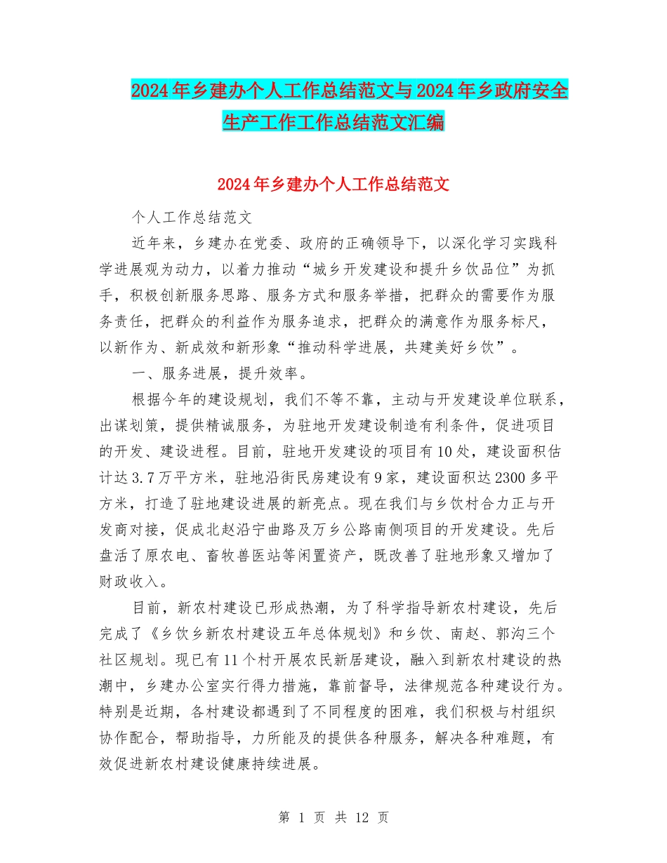 2024年乡建办个人工作总结范文与2024年乡政府安全生产工作工作总结范文汇编_第1页