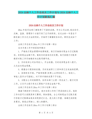2024出纳个人工作总结及工作计划与2024出纳个人工作计划新选汇编