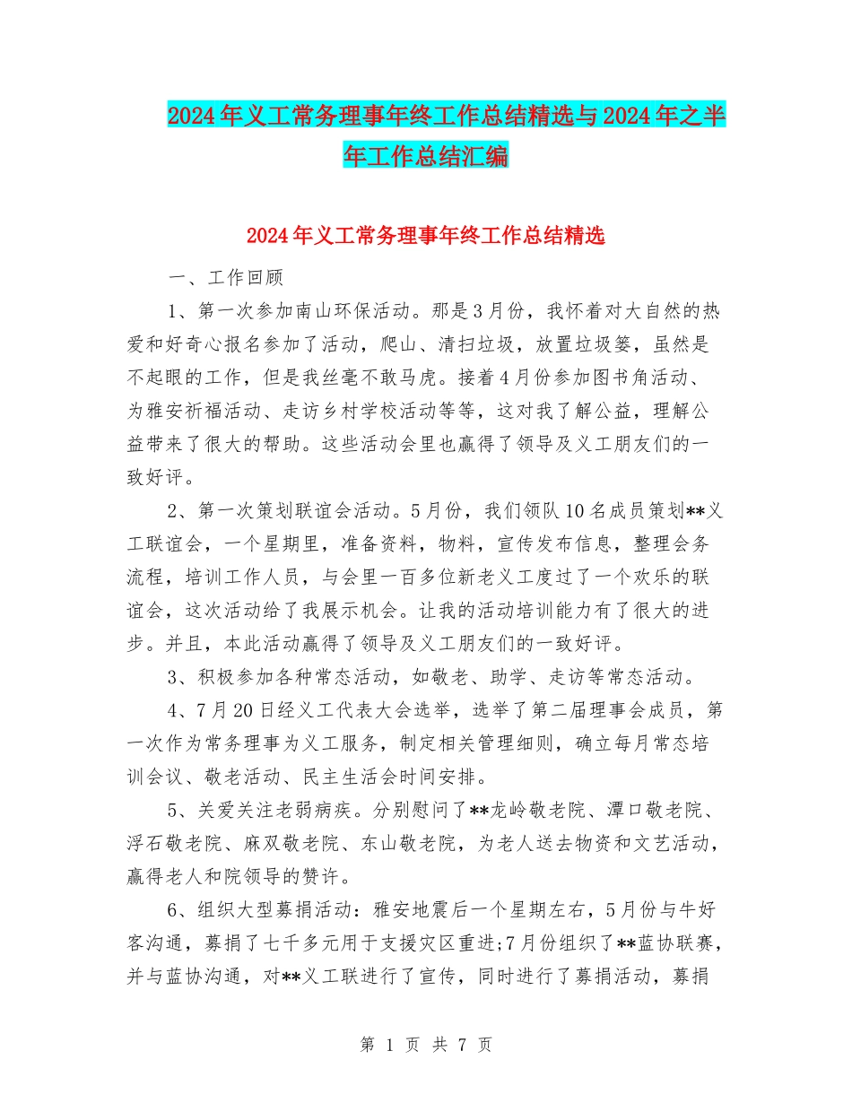 2024年义工常务理事年终工作总结精选与2024年之半年工作总结汇编_第1页