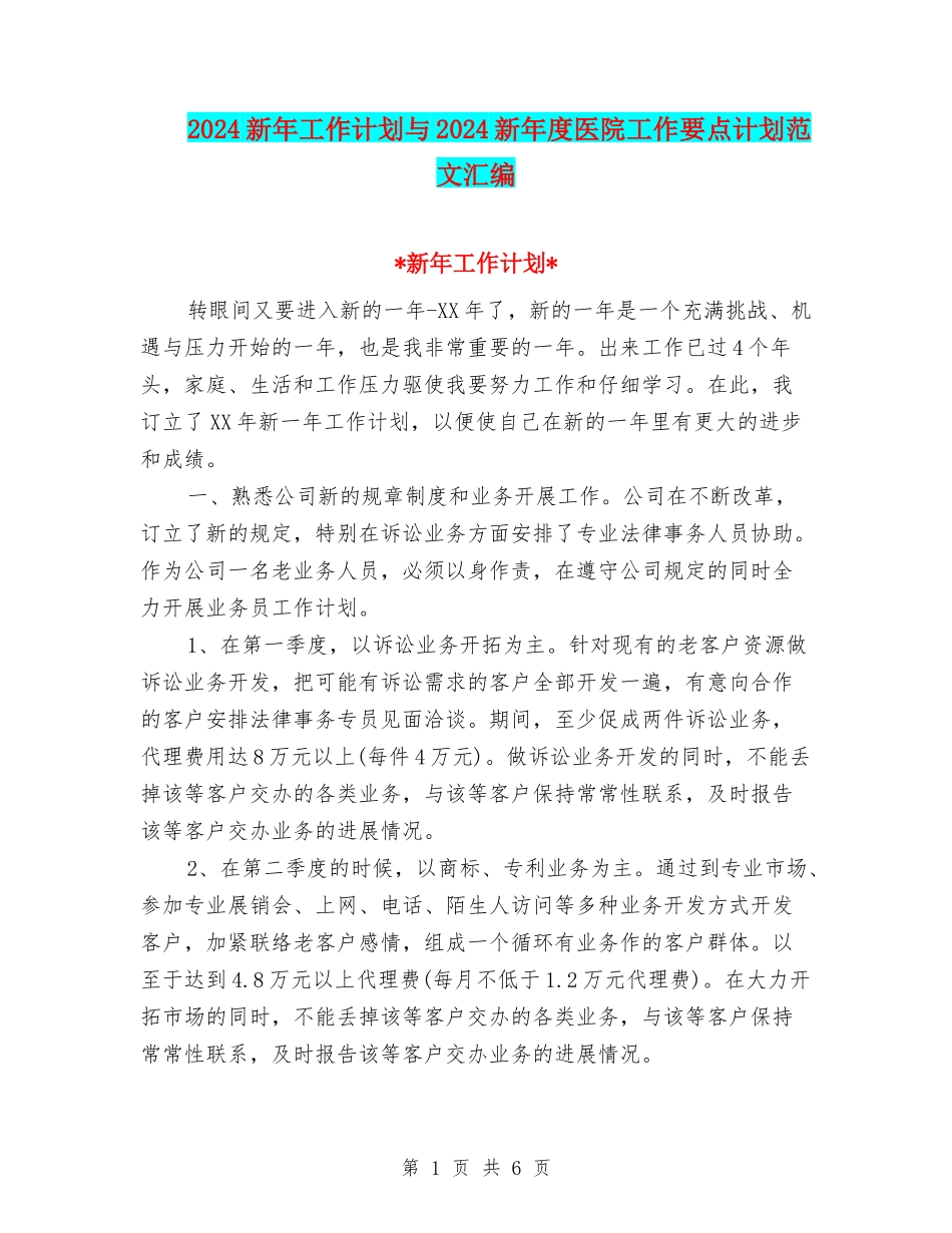 2024新年工作计划与2024新年度医院工作要点计划范文汇编_第1页