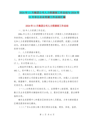2024年11月集团公司人力资源部工作总结与2024年11月非公企业党建工作总结汇编