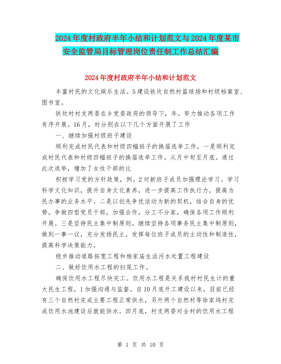 2024年度村政府半年小结和计划范文与2024年度某市安全监管局目标管理岗位责任制工作总结汇编_第1页