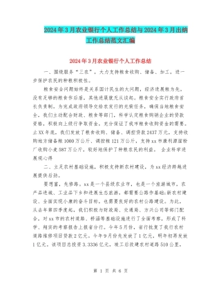 2024年3月农业银行个人工作总结与2024年3月出纳工作总结范文汇编