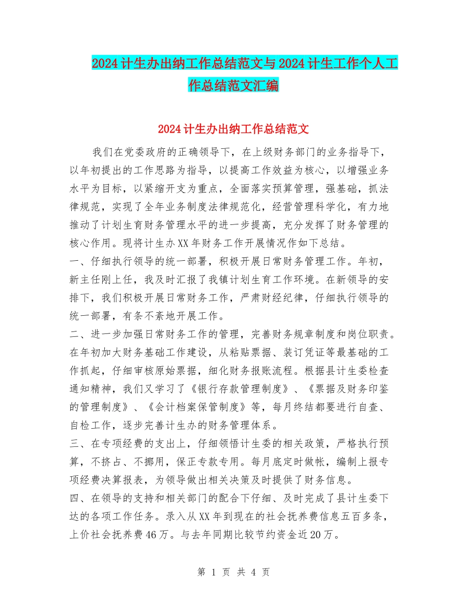 2024计生办出纳工作总结范文与2024计生工作个人工作总结范文汇编_第1页