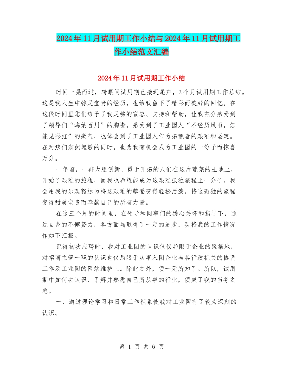 2024年11月试用期工作小结与2024年11月试用期工作小结范文汇编_第1页
