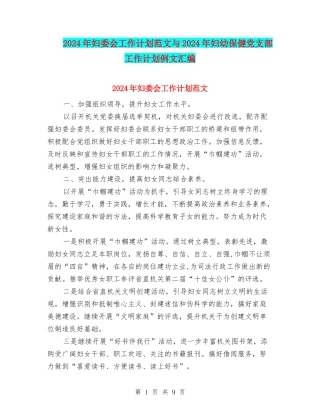 2024年妇委会工作计划范文与2024年妇幼保健党支部工作计划例文汇编