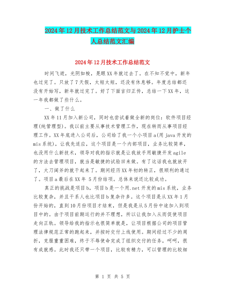 2024年12月技术工作总结范文与2024年12月护士个人总结范文汇编_第1页