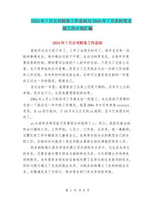 2024年7月公司财务工作总结与2024年7月农村党支部工作计划汇编