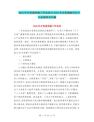 2024年乡党委党建工作总结与2024年乡党委副书记个人总结范文汇编