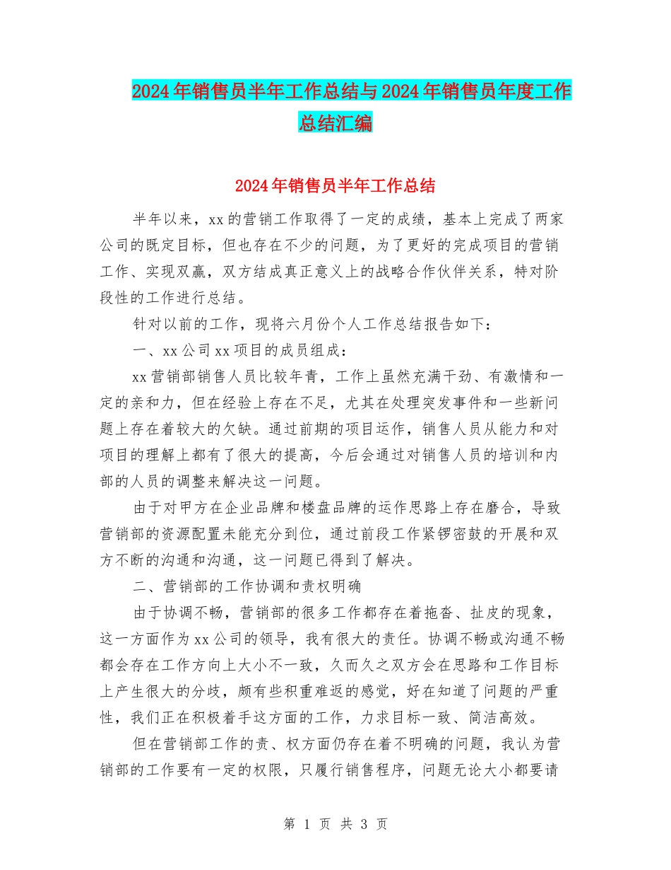 2024年销售员半年工作总结与2024年销售员年度工作总结汇编_第1页