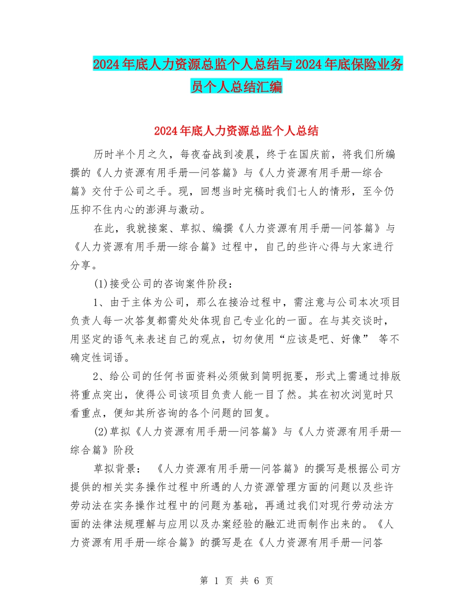 2024年底人力资源总监个人总结与2024年底保险业务员个人总结汇编_第1页