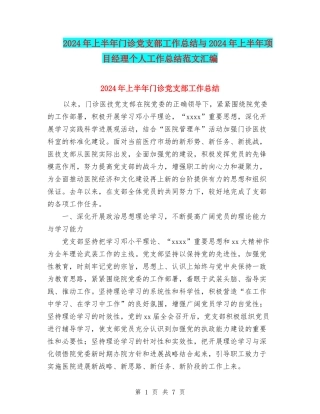 2024年上半年门诊党支部工作总结与2024年上半年项目经理个人工作总结范文汇编