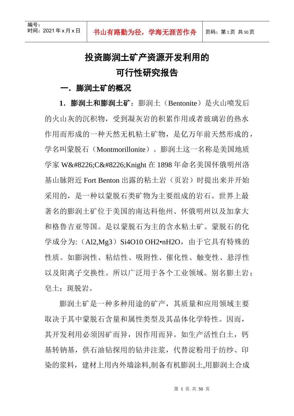 膨润土项目管理知识分析可研究报告_第1页