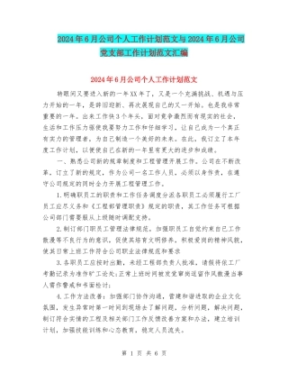 2024年6月公司个人工作计划范文与2024年6月公司党支部工作计划范文汇编