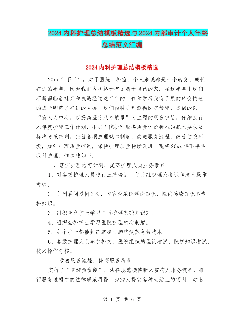 2024内科护理总结模板精选与2024内部审计个人年终总结范文汇编_第1页