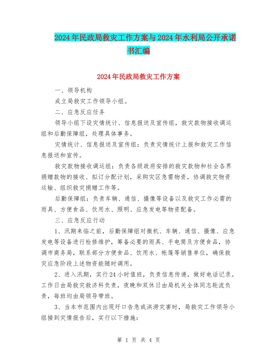 2024年民政局救灾工作方案与2024年水利局公开承诺书汇编_第1页