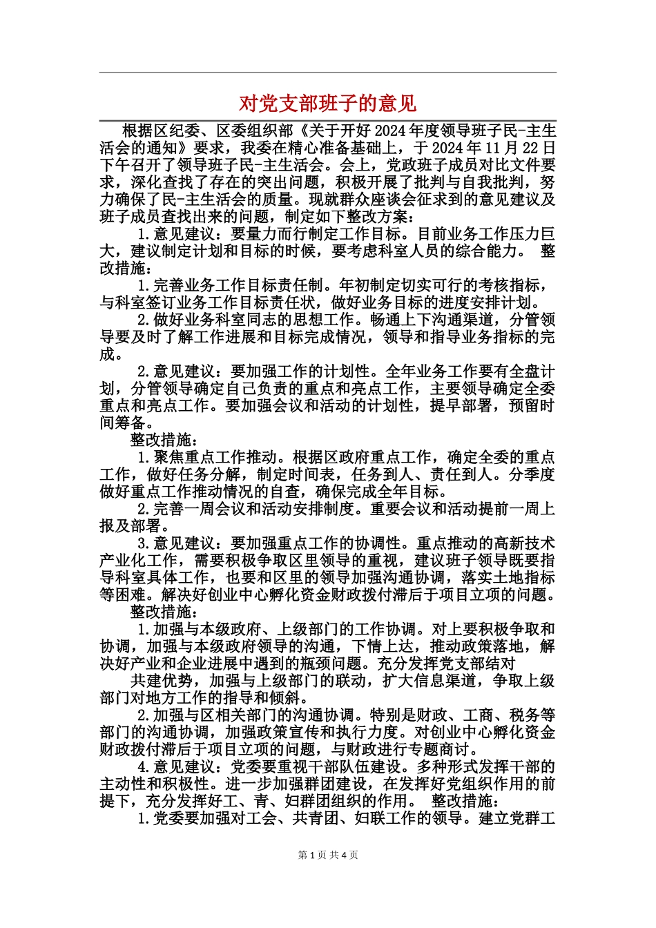 对党支部班子的意见_第1页