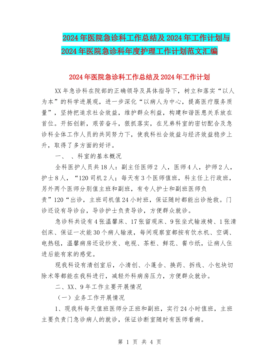 2024年医院急诊科工作总结及2024年工作计划与2024年医院急诊科年度护理工作计划范文汇编_第1页