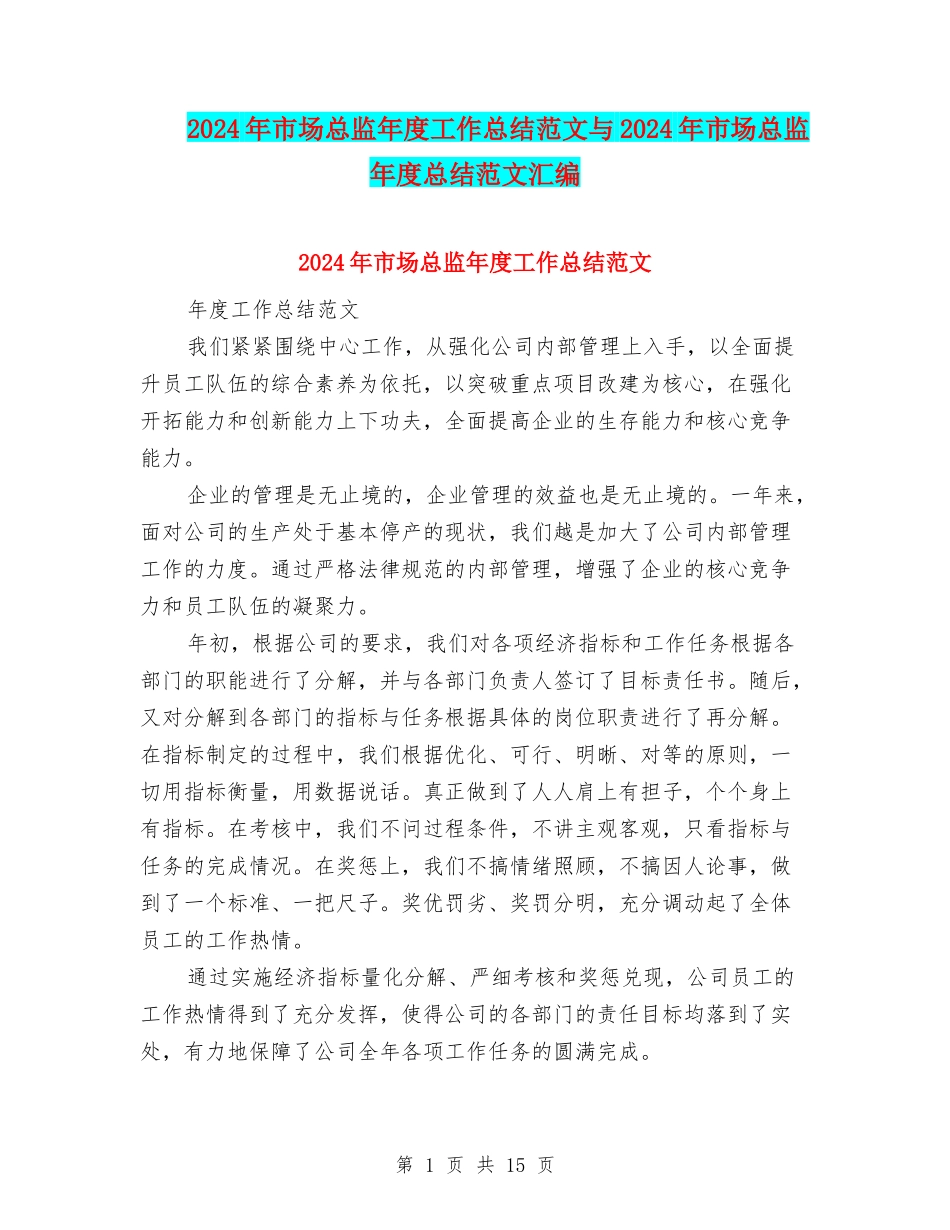 2024年市场总监年度工作总结范文与2024年市场总监年度总结范文汇编_第1页