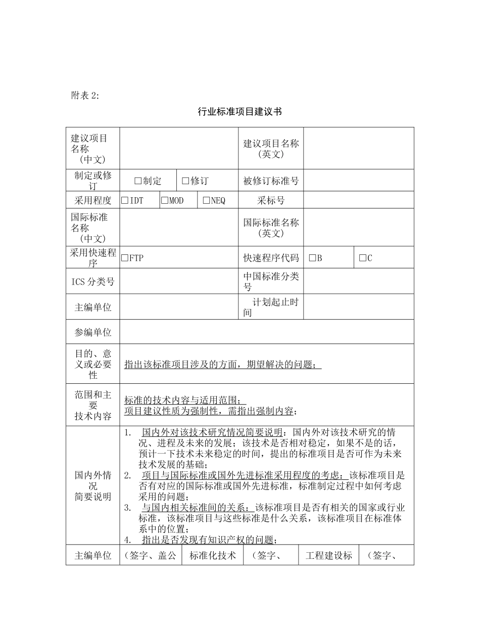 行业标准项目建议书、行业标准项目计划调整申请表、行业标准征求_第2页