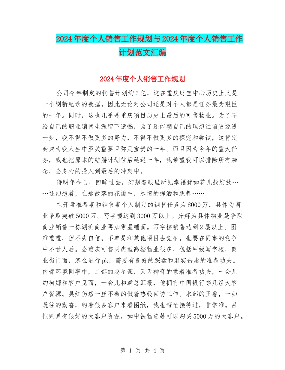 2024年度个人销售工作规划与2024年度个人销售工作计划范文汇编_第1页