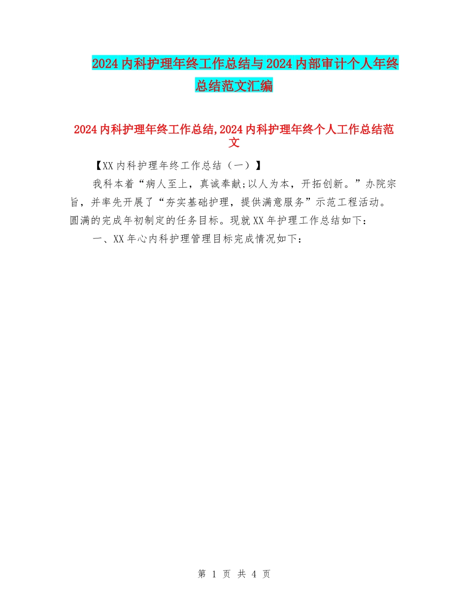 2024内科护理年终工作总结与2024内部审计个人年终总结范文汇编_第1页