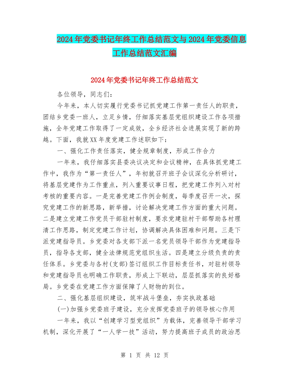 2024年党委书记年终工作总结范文与2024年党委信息工作总结范文汇编_第1页