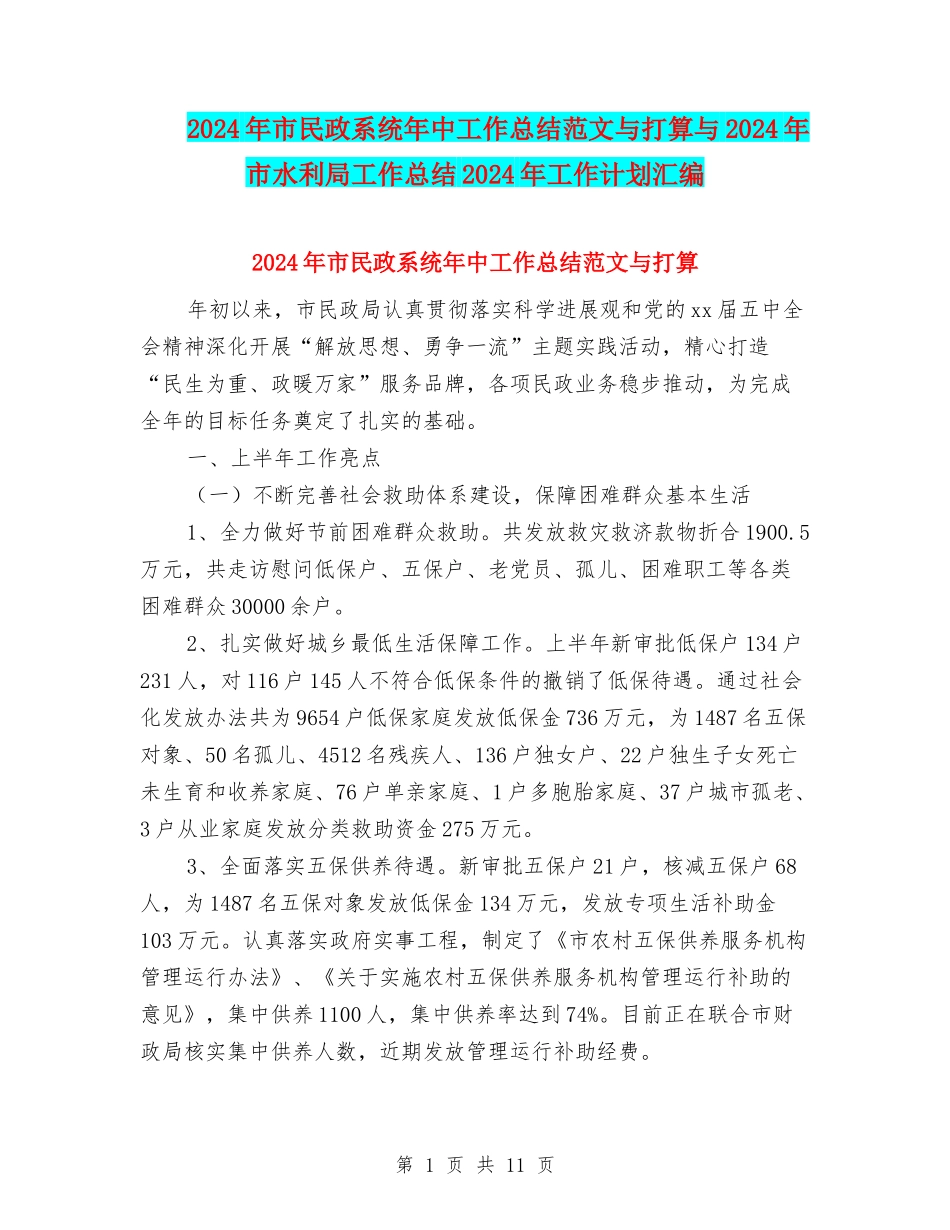 2024年市民政系统年中工作总结范文与打算与2024年市水利局工作总结2024年工作计划汇编_第1页