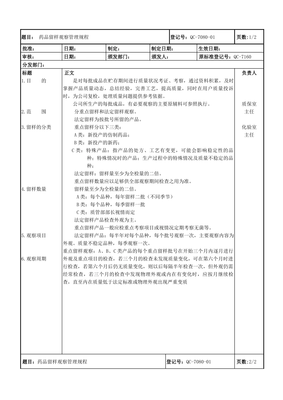 药品稳定性留样观察管理规程及记录_第1页