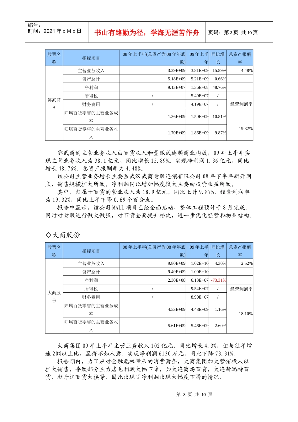 若干商业上市公司09年中报分析_第3页