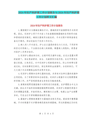 2024年妇产科护理工作计划报告与2024年妇产科护理工作计划样文汇编