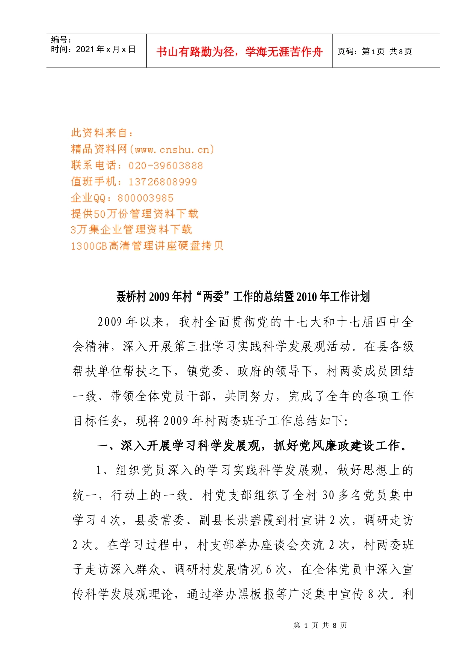 聂桥村村两委工作总结与工作计划_第1页