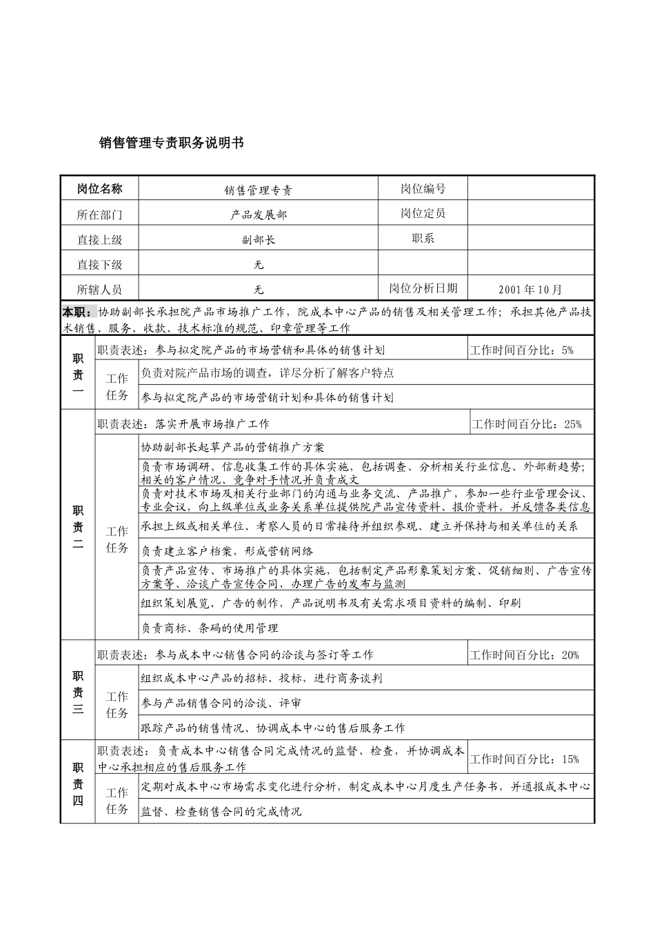 航材院产品发展部销售管理专责职务说明书_第1页