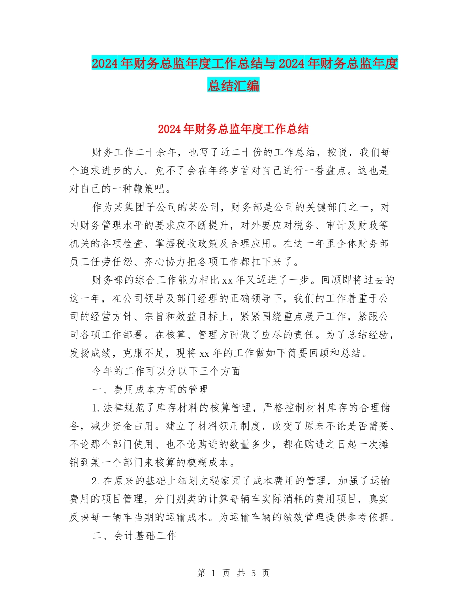 2024年财务总监年度工作总结与2024年财务总监年度总结汇编_第1页