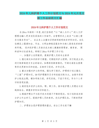 2024年儿科护理个人工作计划范文与2024年元月党支部工作总结范文汇编