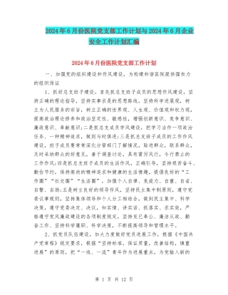 2024年6月份医院党支部工作计划与2024年6月企业安全工作计划汇编